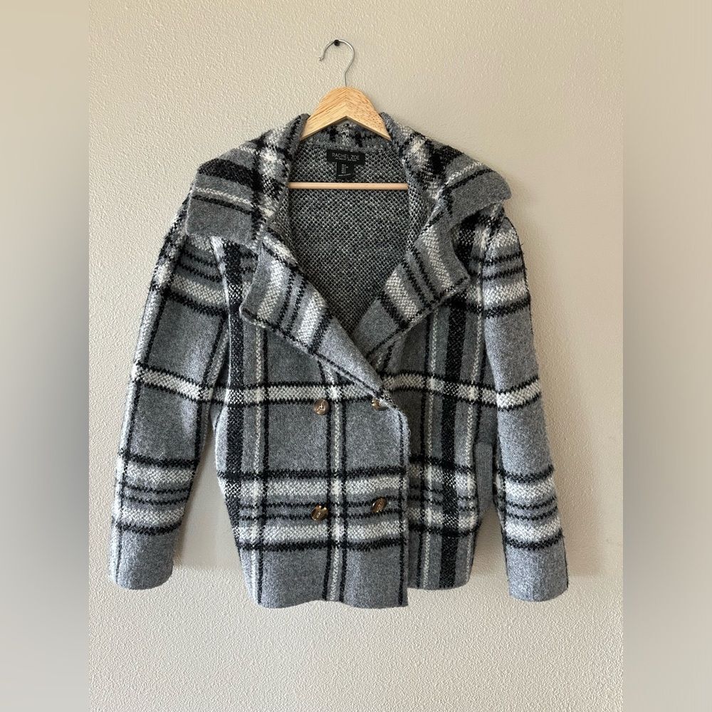Rachel Zoe Double Breasted Plaid Fleece Grey Cardigan Jacket Size L